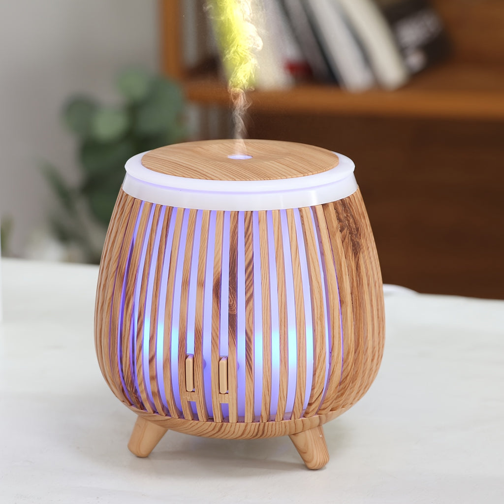 1pièce Diffuseur ultrasonique à grain de bois, diffuseur d'huiles essentielles ultrasonique, humidificateur ultrasonique, compatible avec les huiles essentielles, design créatif à grain de bois, minuterie, arrêt automatique sans eau, lumières LED colorées