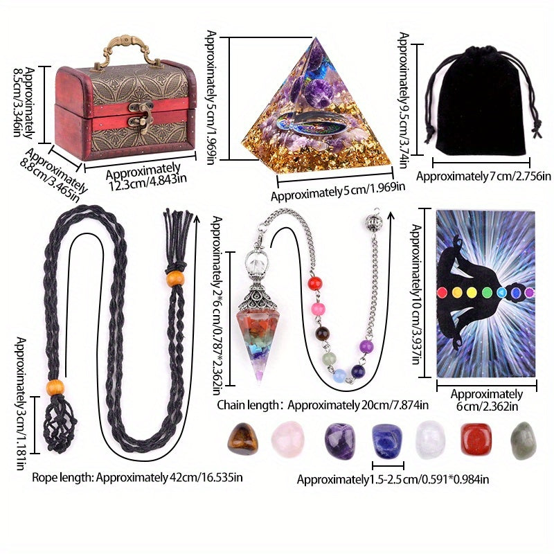 Kit de perles en pierre naturelle avec boîte de rangement en bois vintage, ornements pyramidaux, pendentif, étuis en velours - Parfait pour les cadeaux de la fête des mères et des pères, accessoire de boîte cadeau | Boîte en bois vintage | Étuis en velour