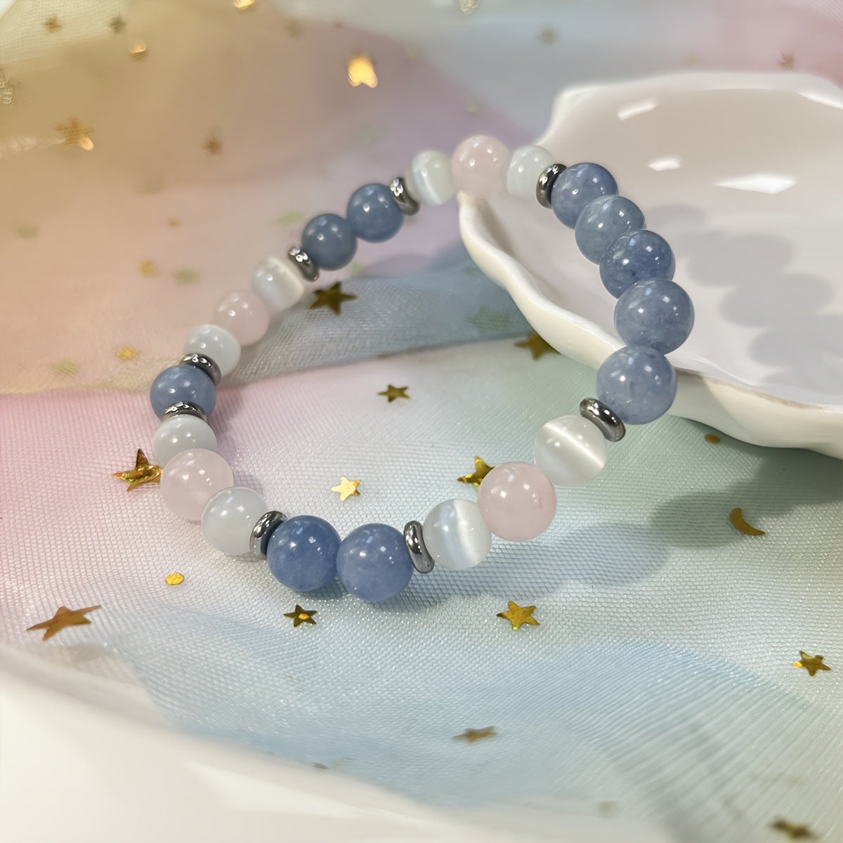 Bracelet Reiki 8mm en Pierre Naturelle - Perles rondes en Aigue-marine, Quartz Rose et Sélénite - Bijou Bohème pour la Paix Intérieure, l'Amour et le Courage - Accessoire de Mode Féminin - Cadeau de Fête, Saint-Valentin ou Fête des Mères