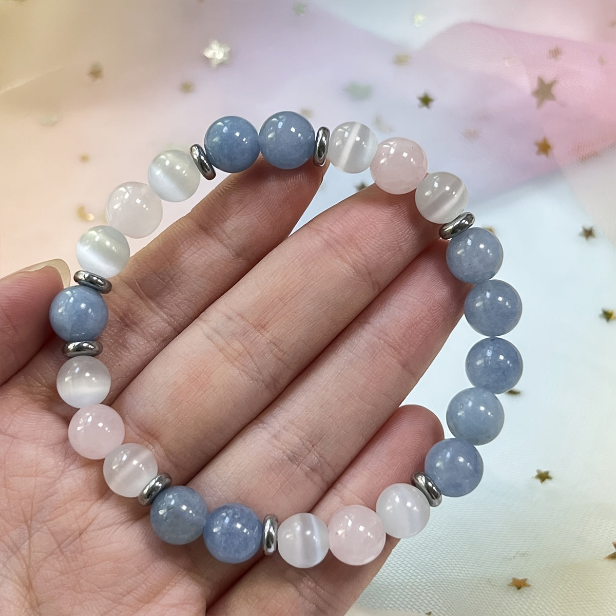 Bracelet Reiki 8mm en Pierre Naturelle - Perles rondes en Aigue-marine, Quartz Rose et Sélénite - Bijou Bohème pour la Paix Intérieure, l'Amour et le Courage - Accessoire de Mode Féminin - Cadeau de Fête, Saint-Valentin ou Fête des Mères