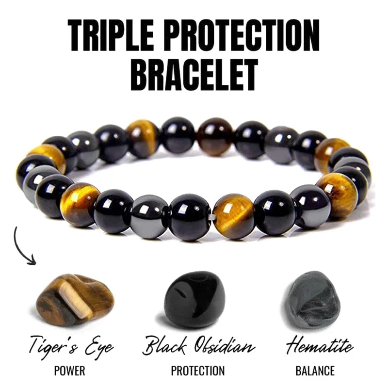 Bracelet Protection Triple - Obsidienne Œil de Tigre Hématite