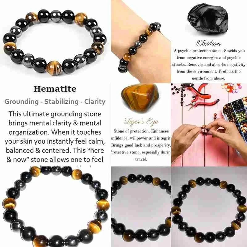 Bracelet Protection Triple - Obsidienne Œil de Tigre Hématite