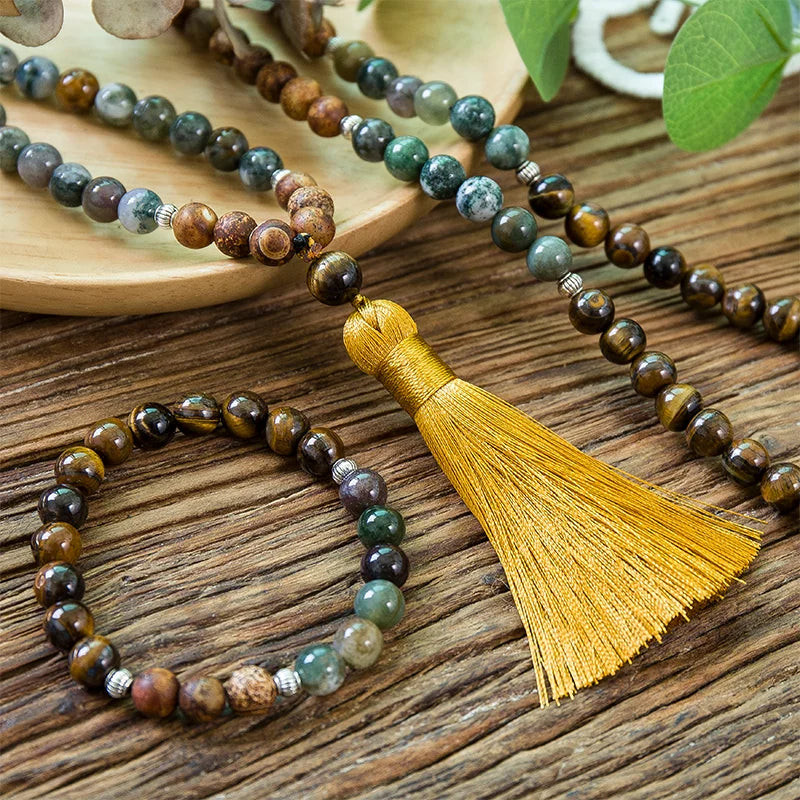 8mm naturel jaune yeux de tigre indien Agate arbre motif Onyx 108 Japa Mala collier de perles méditation Yoga tibétain ensembles de bijoux