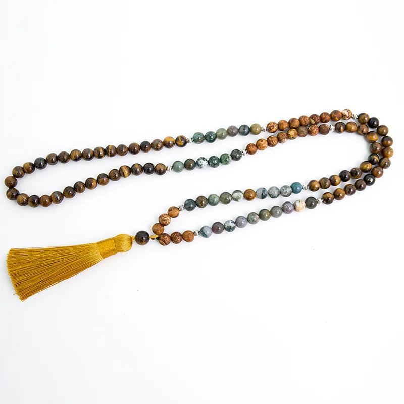 8mm naturel jaune yeux de tigre indien Agate arbre motif Onyx 108 Japa Mala collier de perles méditation Yoga tibétain ensembles de bijoux