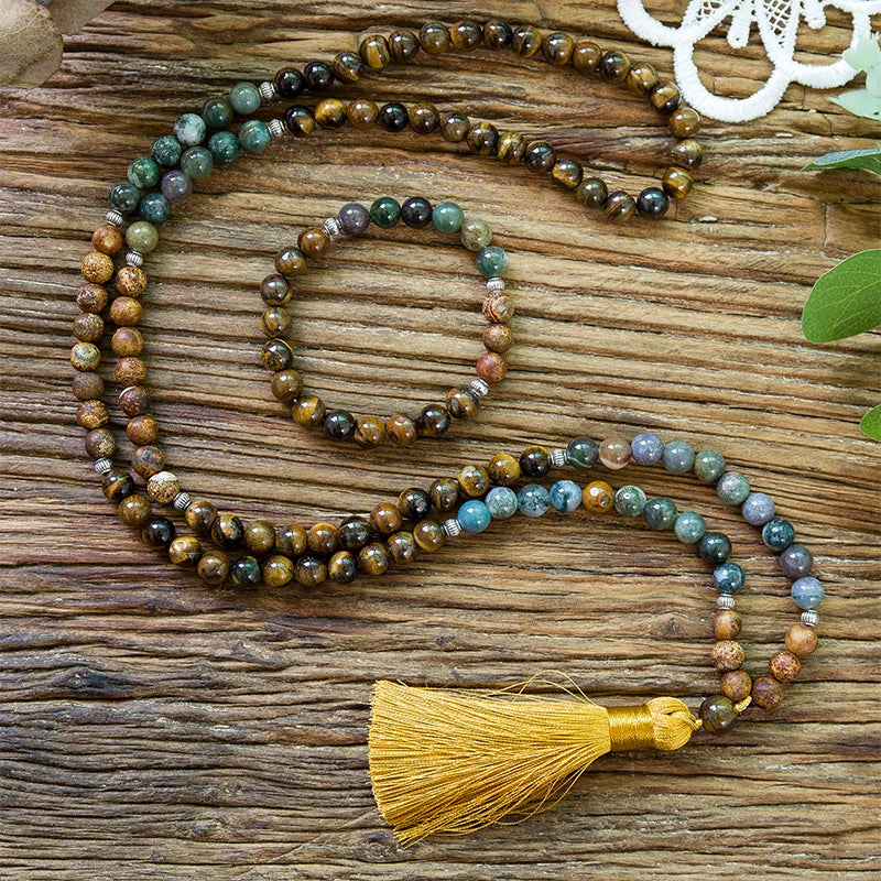 8mm naturel jaune yeux de tigre indien Agate arbre motif Onyx 108 Japa Mala collier de perles méditation Yoga tibétain ensembles de bijoux