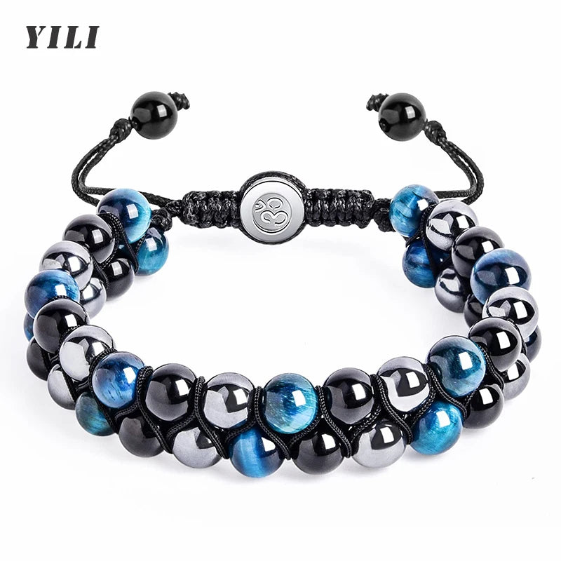 Pulseira de proteção tripla 8mm contas pulseira tigre olho preto obsidiana hematita pulseira para homens mulheres cura cristal pulseira