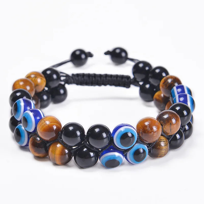 Pulseira de proteção tripla 8mm contas pulseira tigre olho preto obsidiana hematita pulseira para homens mulheres cura cristal pulseira
