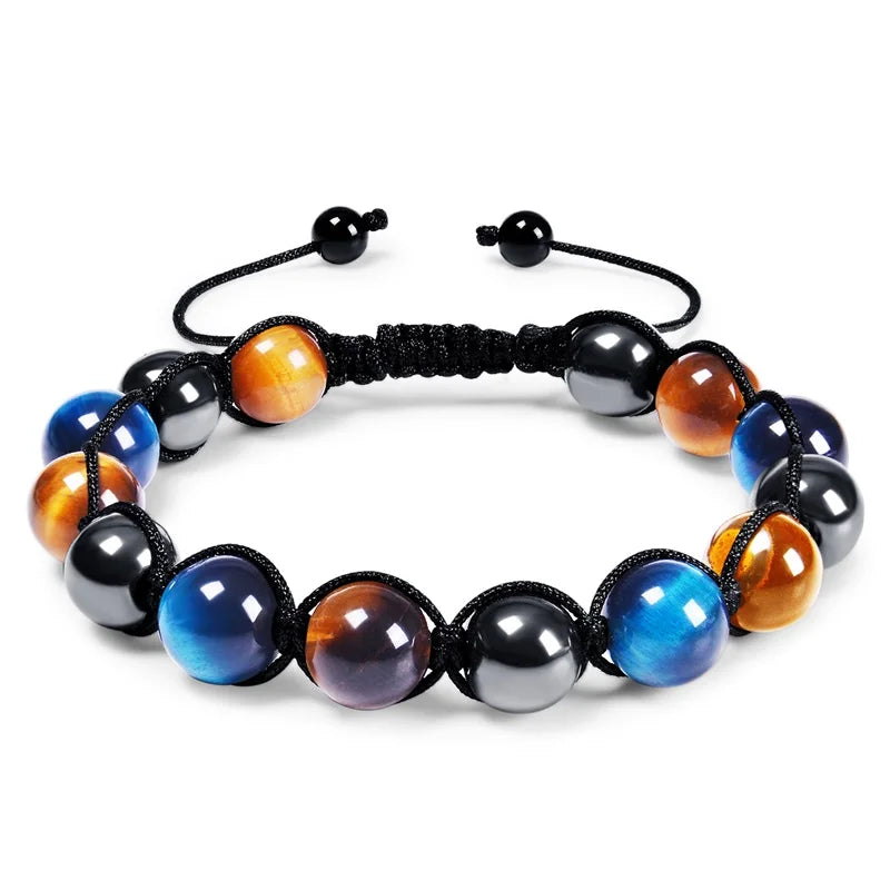 Pulseira de proteção tripla 8mm contas pulseira tigre olho preto obsidiana hematita pulseira para homens mulheres cura cristal pulseira