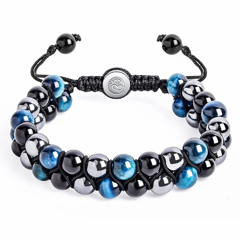 Pulseira de proteção tripla 8mm contas pulseira tigre olho preto obsidiana hematita pulseira para homens mulheres cura cristal pulseira