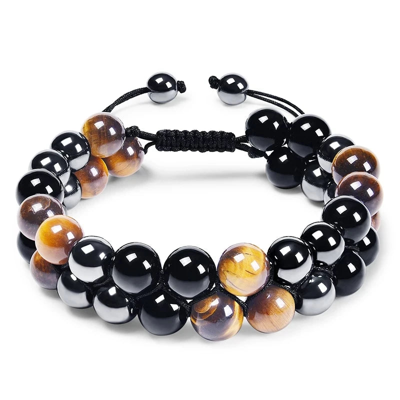 Pulseira de proteção tripla 8mm contas pulseira tigre olho preto obsidiana hematita pulseira para homens mulheres cura cristal pulseira
