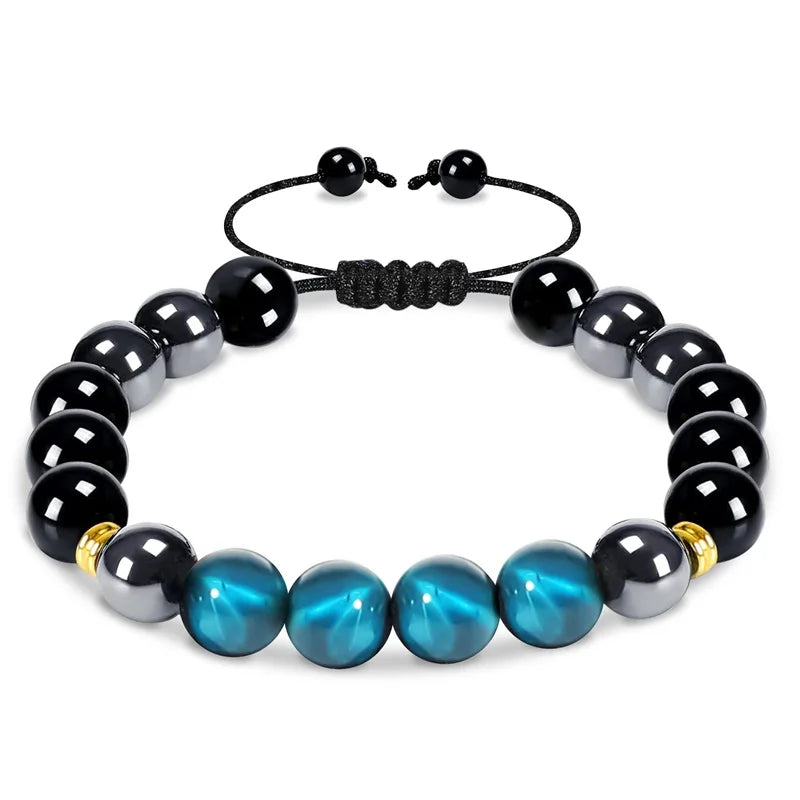 Pulseira de proteção tripla 8mm contas pulseira tigre olho preto obsidiana hematita pulseira para homens mulheres cura cristal pulseira