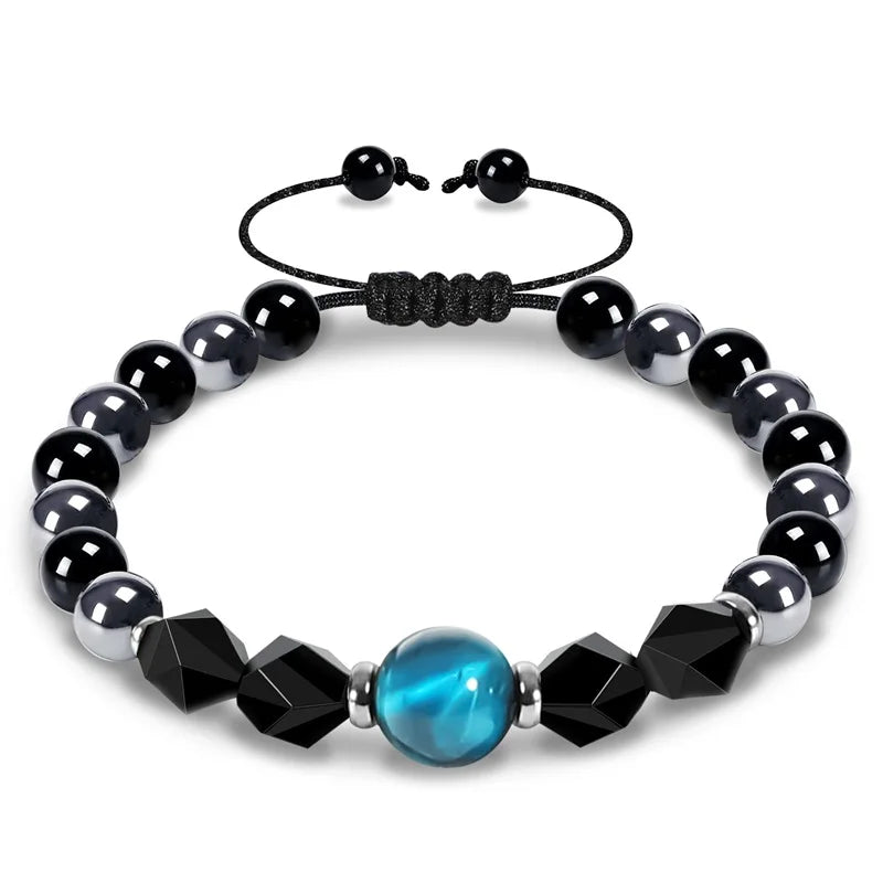 Pulseira de proteção tripla 8mm contas pulseira tigre olho preto obsidiana hematita pulseira para homens mulheres cura cristal pulseira