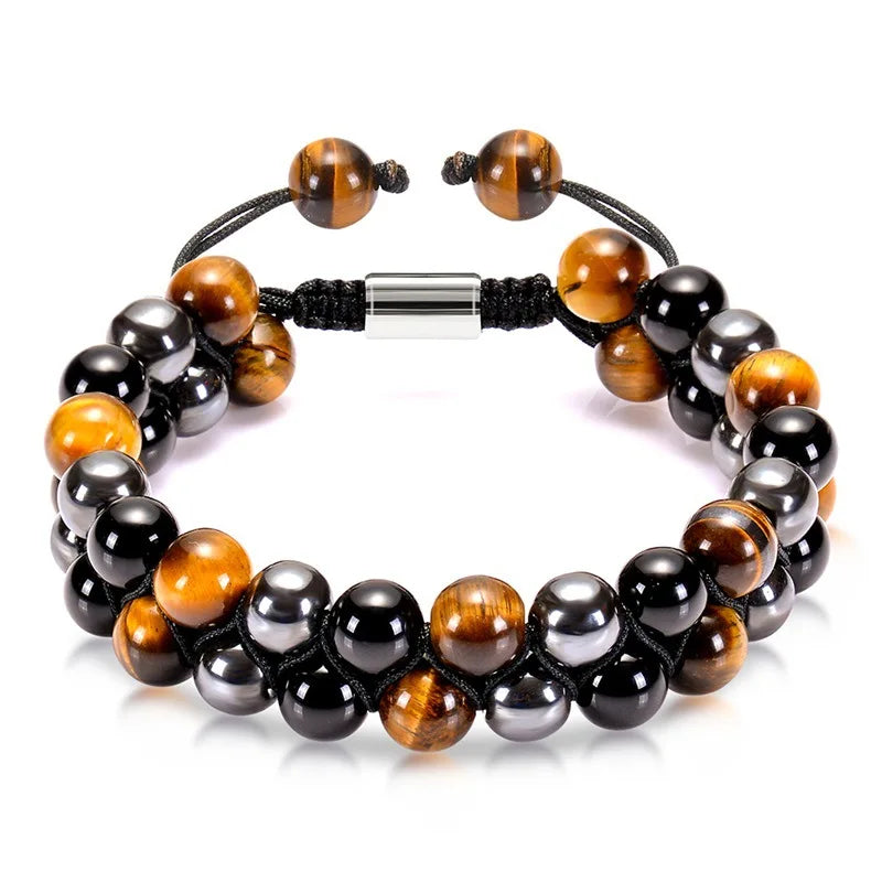 Pulseira de proteção tripla 8mm contas pulseira tigre olho preto obsidiana hematita pulseira para homens mulheres cura cristal pulseira