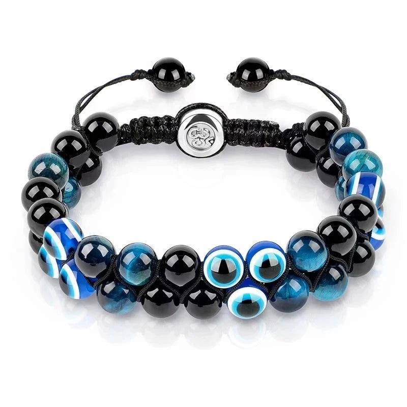 Pulseira de proteção tripla 8mm contas pulseira tigre olho preto obsidiana hematita pulseira para homens mulheres cura cristal pulseira
