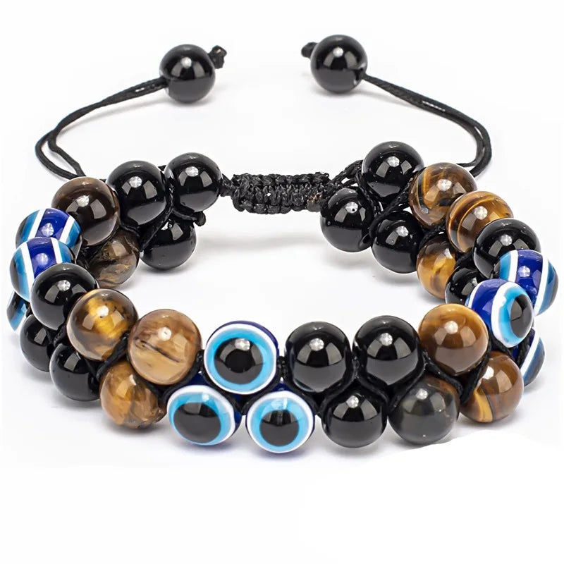 Pulseira de proteção tripla 8mm contas pulseira tigre olho preto obsidiana hematita pulseira para homens mulheres cura cristal pulseira