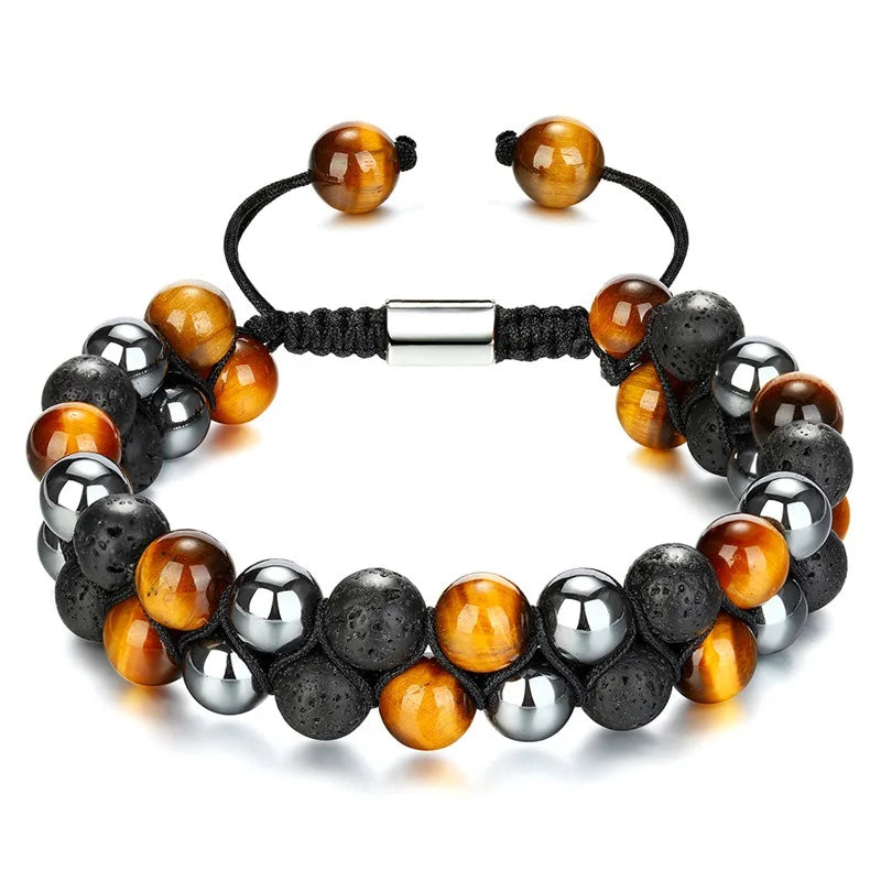 Pulseira de proteção tripla 8mm contas pulseira tigre olho preto obsidiana hematita pulseira para homens mulheres cura cristal pulseira