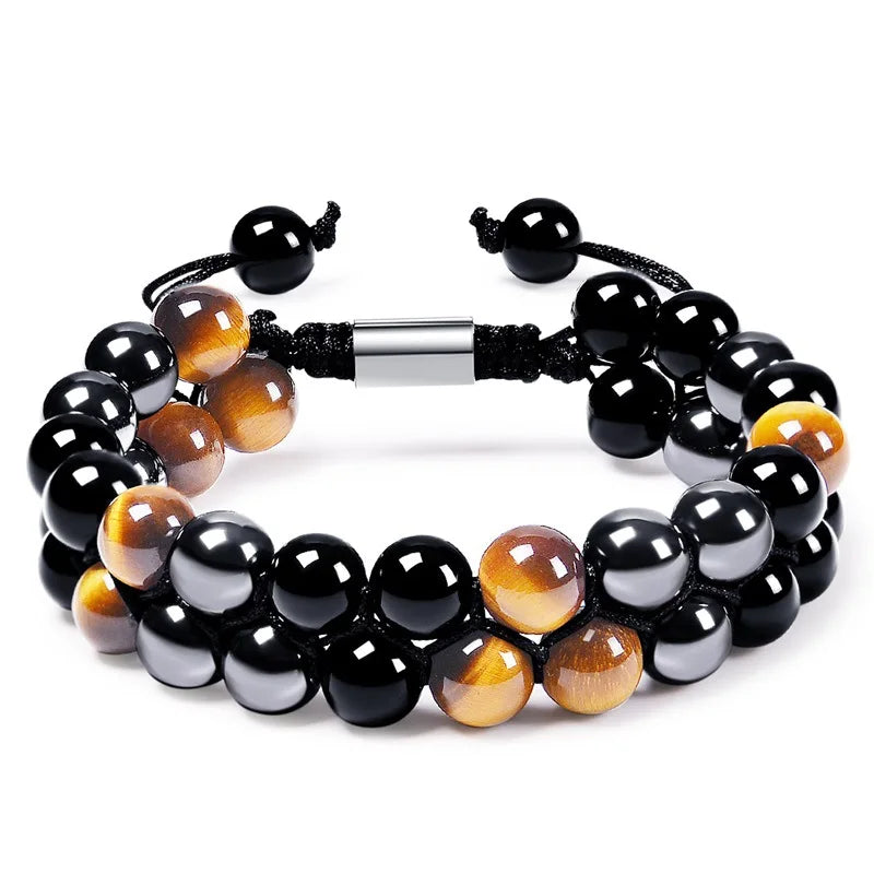 Pulseira de proteção tripla 8mm contas pulseira tigre olho preto obsidiana hematita pulseira para homens mulheres cura cristal pulseira