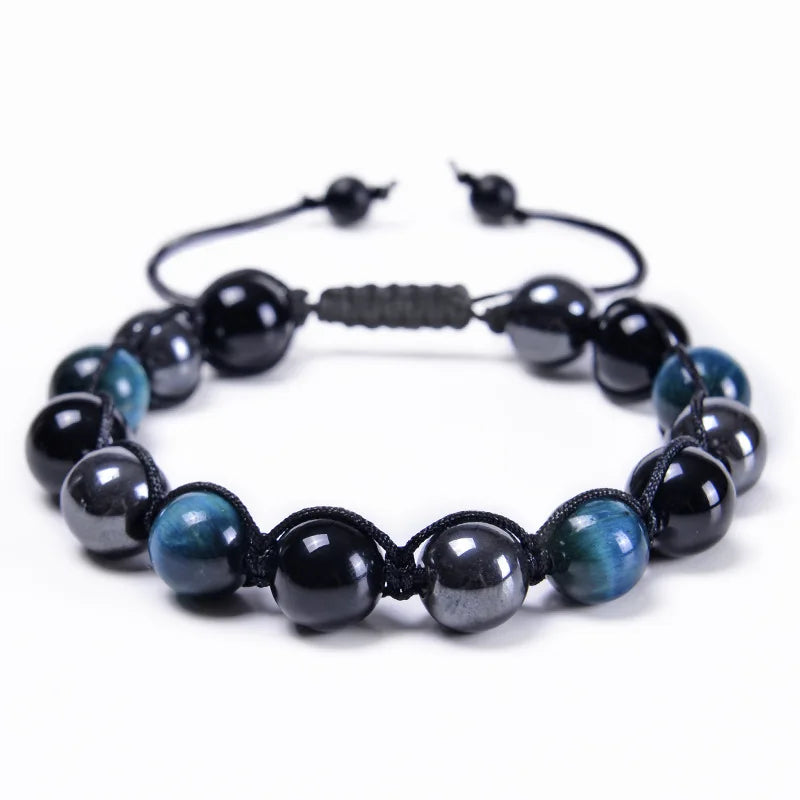 Pulseira de proteção tripla 8mm contas pulseira tigre olho preto obsidiana hematita pulseira para homens mulheres cura cristal pulseira