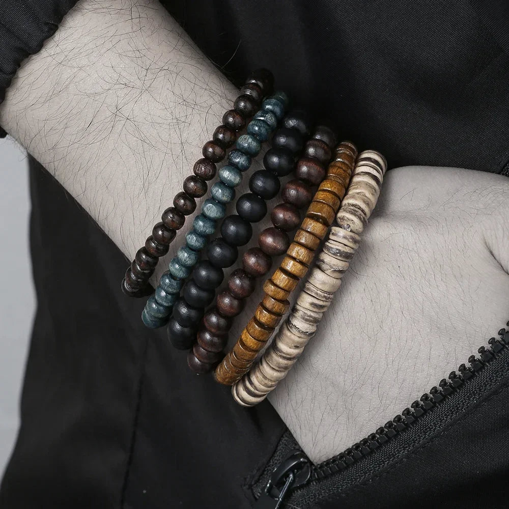 Ensemble de Bracelets multicouches en perles de bois de bouddha pour hommes, Style rétro, fil élastique multicouche, réglable, meilleure vente