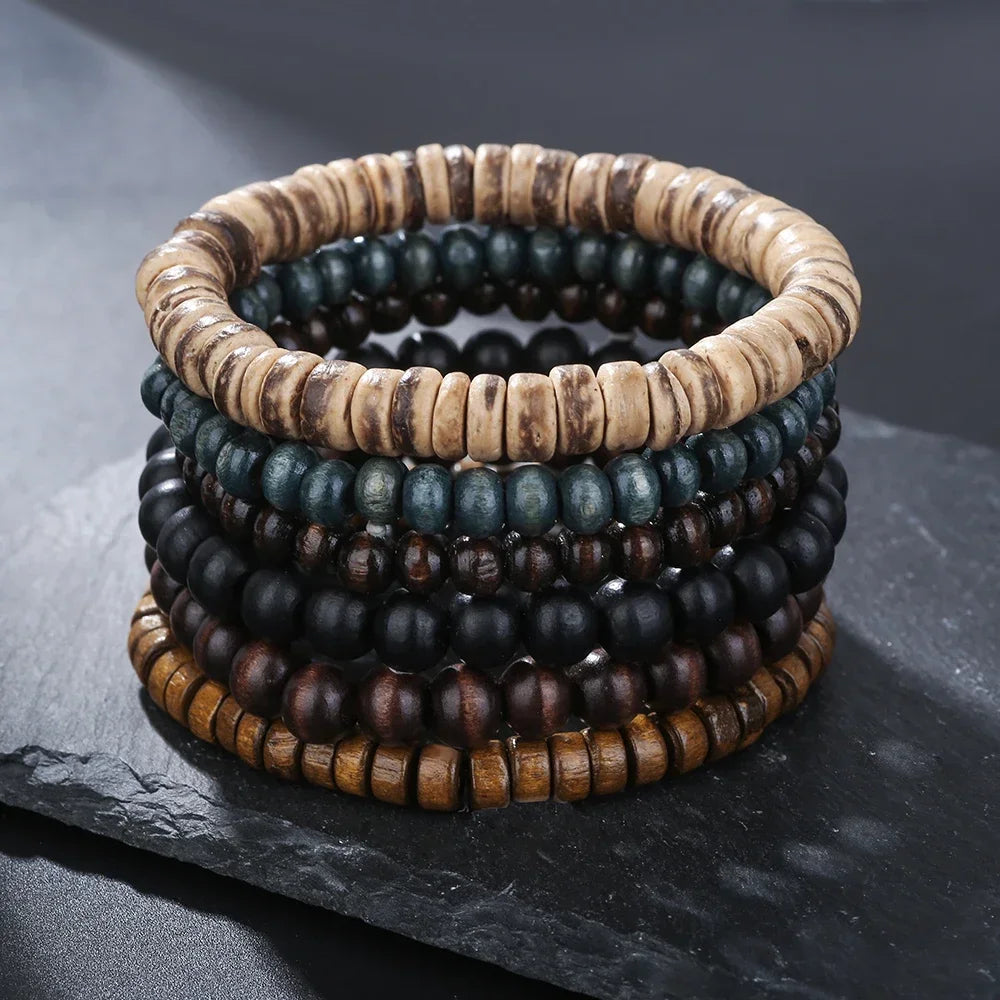 Ensemble de Bracelets multicouches en perles de bois de bouddha pour hommes, Style rétro, fil élastique multicouche, réglable, meilleure vente