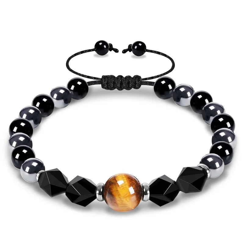 Pulseira de proteção tripla 8mm contas pulseira tigre olho preto obsidiana hematita pulseira para homens mulheres cura cristal pulseira