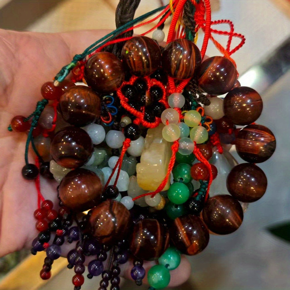 Collier de perles Mala/Japa en œil de tigre de 14 mm/0,55 pouce - Pierre pour la chance et la richesse, mariage/fête, cadeau de naissance de mai, style rétro et minimaliste, perles de prière en œil de tigre