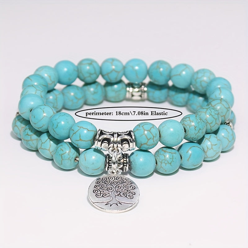 1 Ensemble Bracelet Arbre de la Sagesse en Turquoise Vintage Naturelle de Haute Qualité 8mm