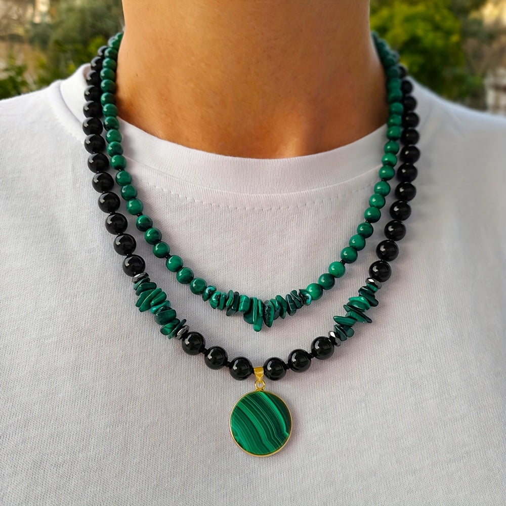 2 colliers en malachite et agate noire à double épaisseur pour femmes, bijoux artisanaux avec pendentif en pierre naturelle et perles multibrins, cadeau d'anniversaire pour maman