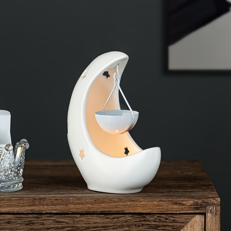 Porte-bougie en céramique étoile et lune - Brûleur d'huiles essentielles - Décoration d'intérieur style arabe - Idéal pour cadeau de l'Aïd