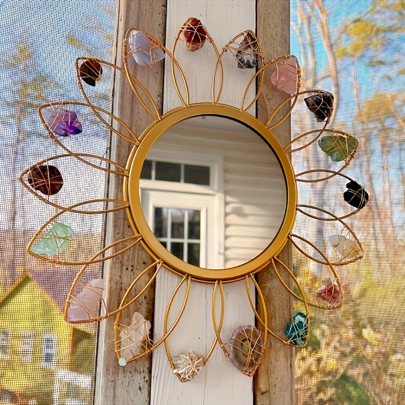 Miroir mural en cristal bohème de 30,48 cm avec pierres naturelles - Grand design rond rayonnant dans les couleurs rose, clair, violet, noir, marron, rouge, blanc, gris et beige - Décoration fermière pour salon, chambre à coucher ou entrée - Cadeau élégan