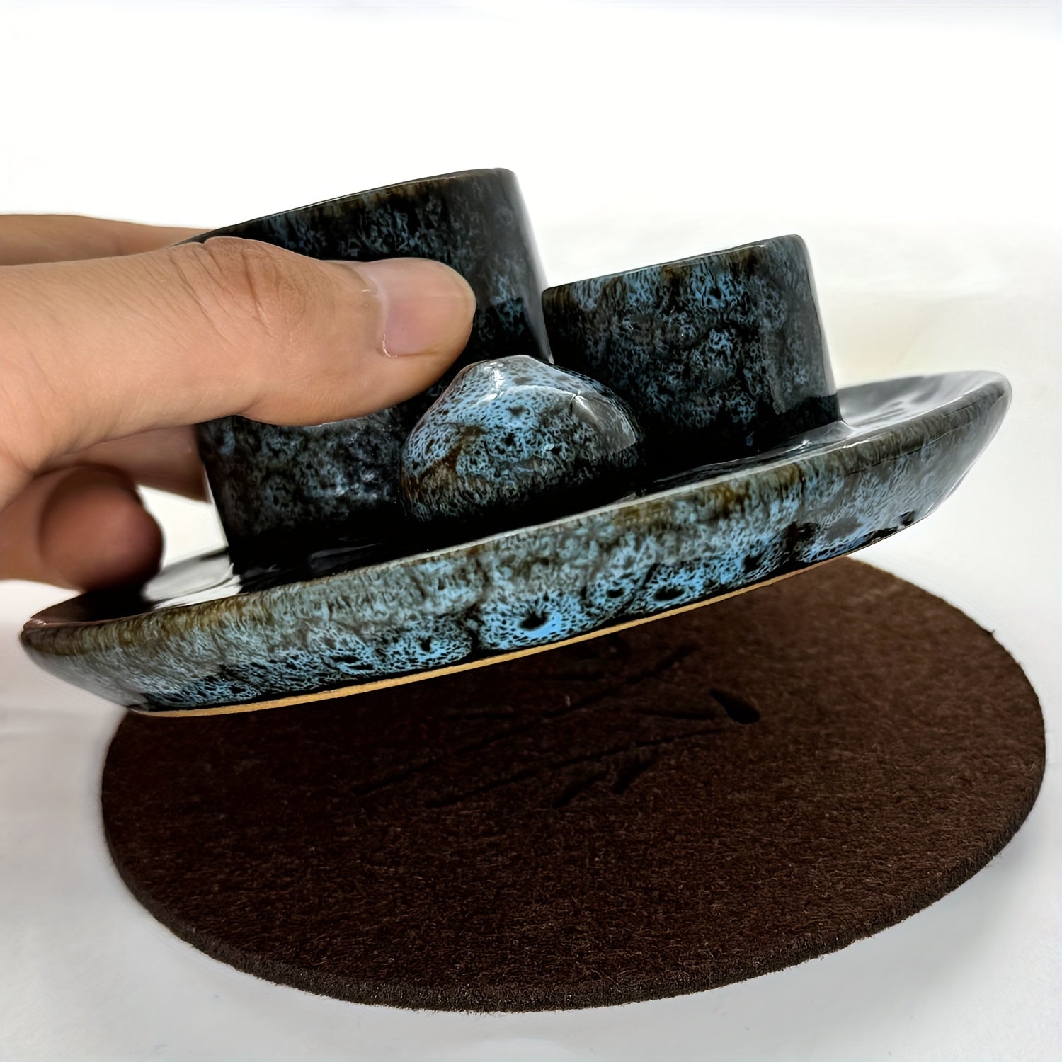 Ensemble de 4 porte-bougies en céramique de qualité supérieure - Brûleur d'encens 4-en-1, porte-bâton parfumé, porte-encens de sauge, plateau de décoration intérieure élégant, comprend 1 brosse de nettoyage, porte-bougies pour la décoration intérieure, po