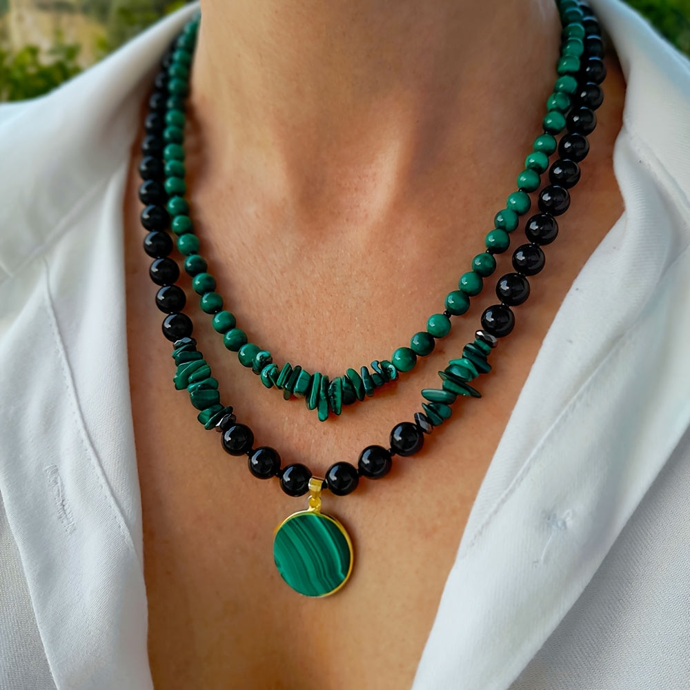 2 colliers en malachite et agate noire à double épaisseur pour femmes, bijoux artisanaux avec pendentif en pierre naturelle et perles multibrins, cadeau d'anniversaire pour maman