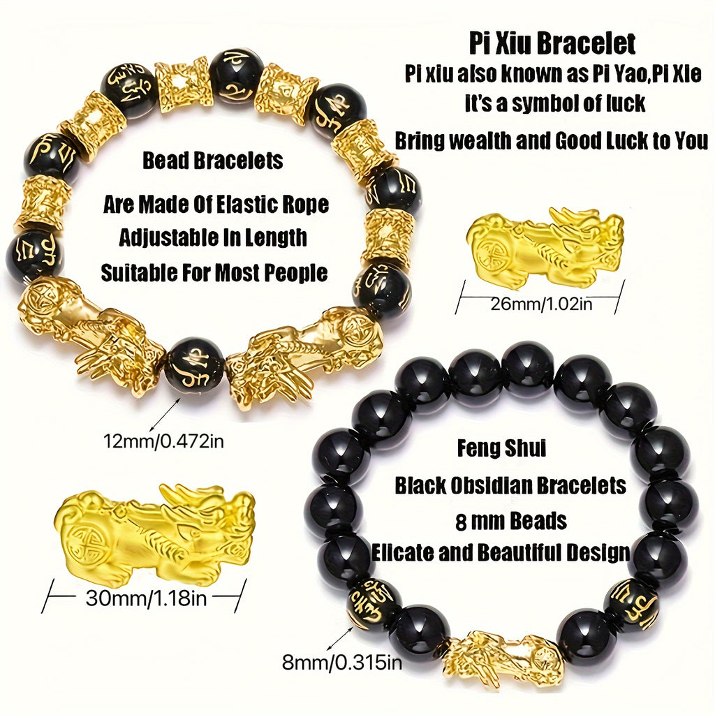 Ensemble de trois bracelets en perles Pixiu Feng Shui pour hommes, un talisman de chance pour les hommes, et un bracelet en perles orné de dragon naturel pour les femmes, conçu pour attirer la richesse et la prospérité.
