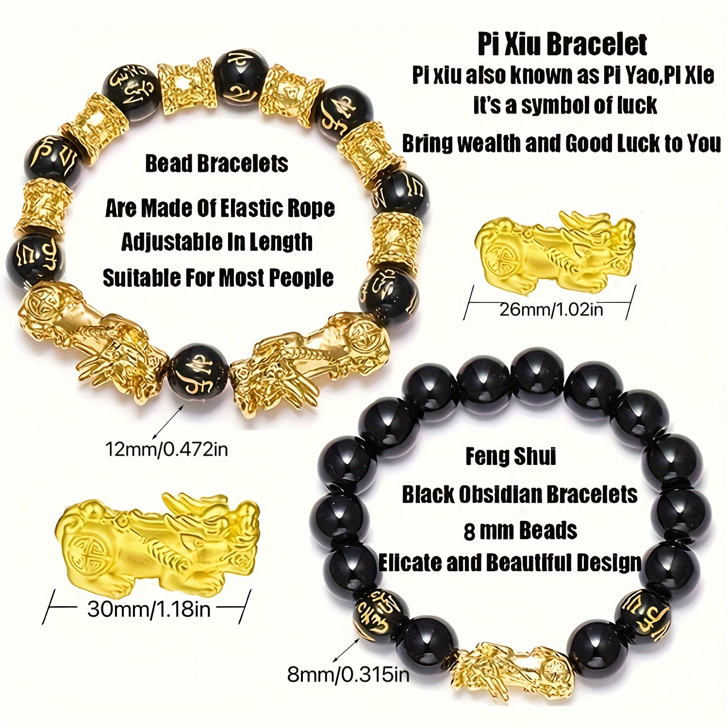Ensemble de trois bracelets en perles Pixiu Feng Shui pour hommes, un talisman de chance pour les hommes, et un bracelet en perles orné de dragon naturel pour les femmes, conçu pour attirer la richesse et la prospérité.