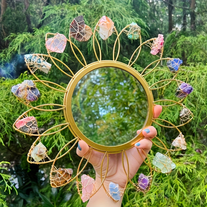 Miroir mural en cristal bohème de 30,48 cm avec pierres naturelles - Grand design rond rayonnant dans les couleurs rose, clair, violet, noir, marron, rouge, blanc, gris et beige - Décoration fermière pour salon, chambre à coucher ou entrée - Cadeau élégan