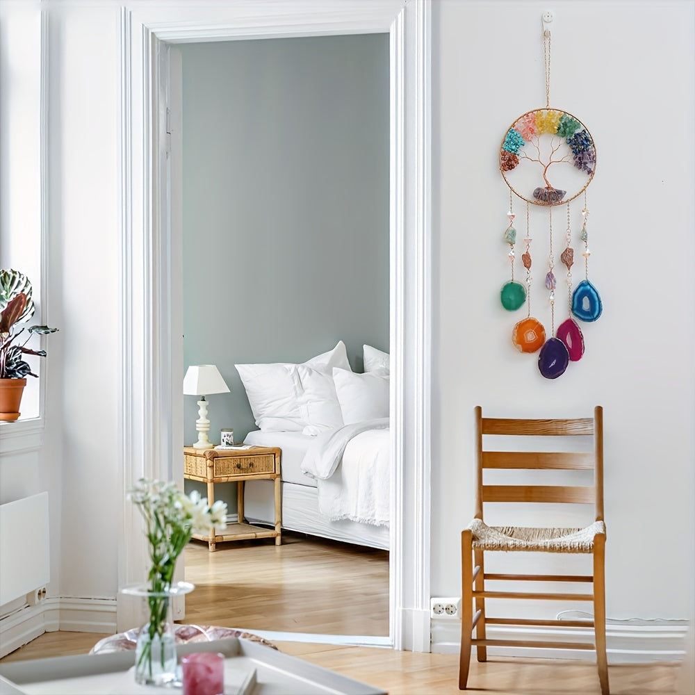 1 pièce Attrape-Rêves Artisanal Arbre de Vie Décoration Murale Ornement pour Maison avec Pierre de Cristal pour Décoration Boho Maison Jardin