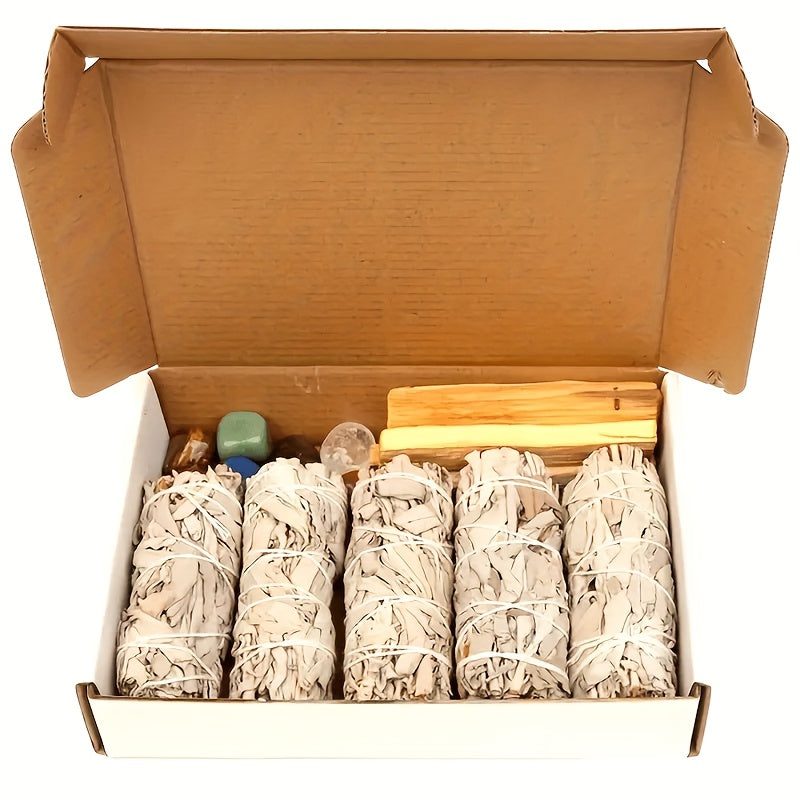 Kit de Purification à la Sauge, 5 Bâtons d'Encens de Sauge Blanche, 2 Pièces de Bois Sacré, 7 Pierres Synthétiques Colorées des Chakras | Essentiels Rituels Artisanaux, Collection Cadeau de Luxe