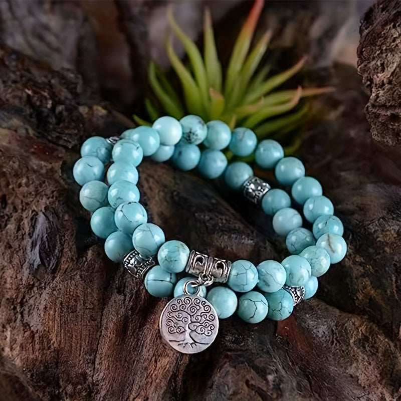 1 Ensemble Bracelet Arbre de la Sagesse en Turquoise Vintage Naturelle de Haute Qualité 8mm