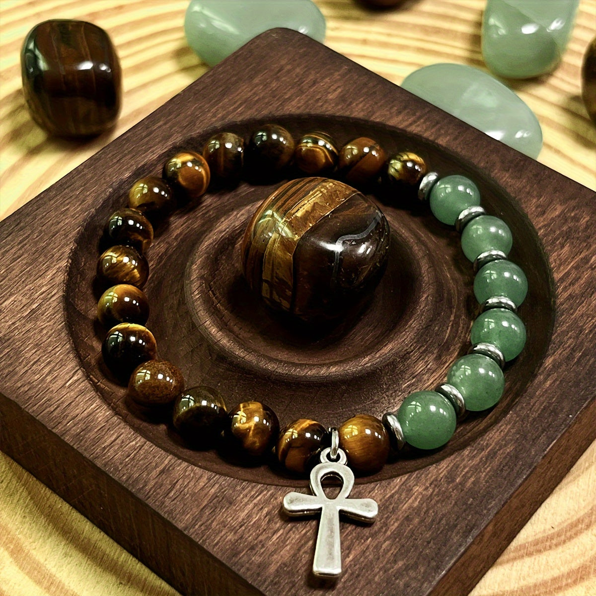 Bracelet Ankh - La Clé de Vie Perles en Pierre Naturelle, 8mm Rondes Œil de Tigre & Aventurine Verte Fait Main, Bijoux Bohème Olive Marron & Vert pour Hommes & Femmes, Symbole de Vie Éternelle et Prospérité Porte-Bonheur, Accessoires Unisexes, Style Vinta