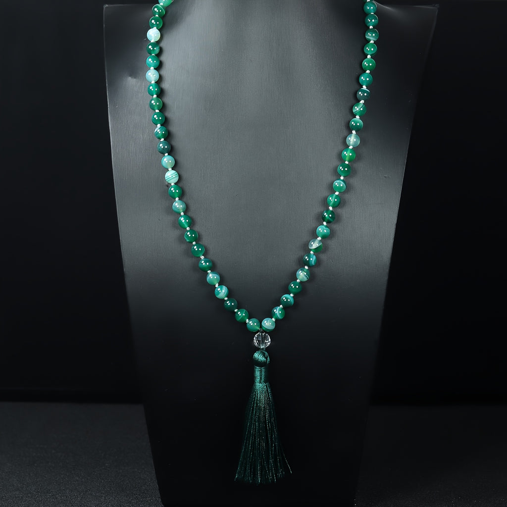 Collier Mala en Agate Naturelle de 108 Perles Noué à la Main avec Pendentif Pompon, Convient pour le Port Quotidien et les Chaînes Pull