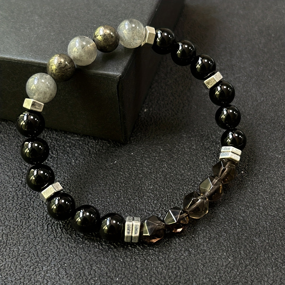Bracelet de Protection Empathique/Labradorite de haute qualité, pyrite, obsidienne, perles en quartz fumé facettées faites à la main en pierre naturelle - Bijoux en cristal pour force intérieure, courage & confiance Cadeaux de vacances pour famille et amo