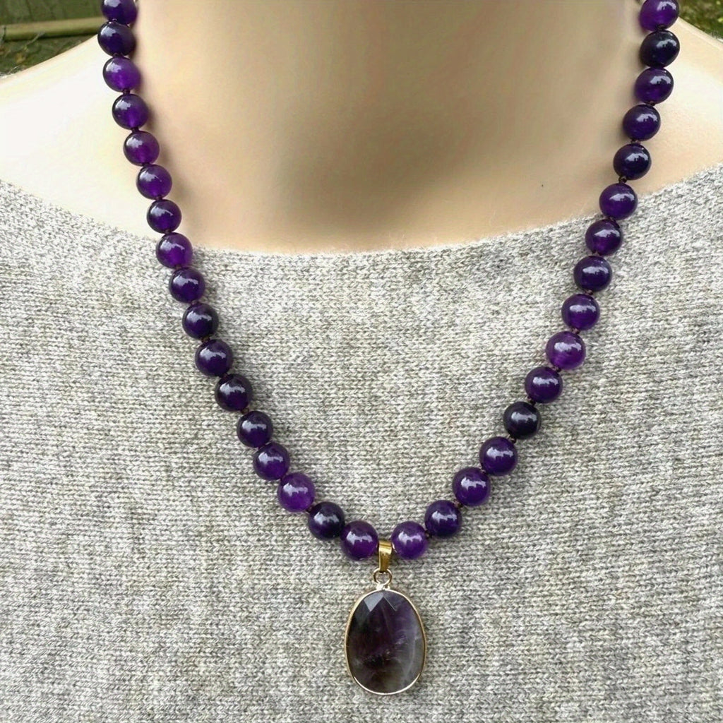 1pc Collier pendentif en améthyste naturel avec perles rondes - Style vintage bohème, bijoux en pierre violette pour femmes, cadeau quotidien idéal, collier bohème chic | Collier de style vintage | Perles en pierre naturelle, bijoux bohème