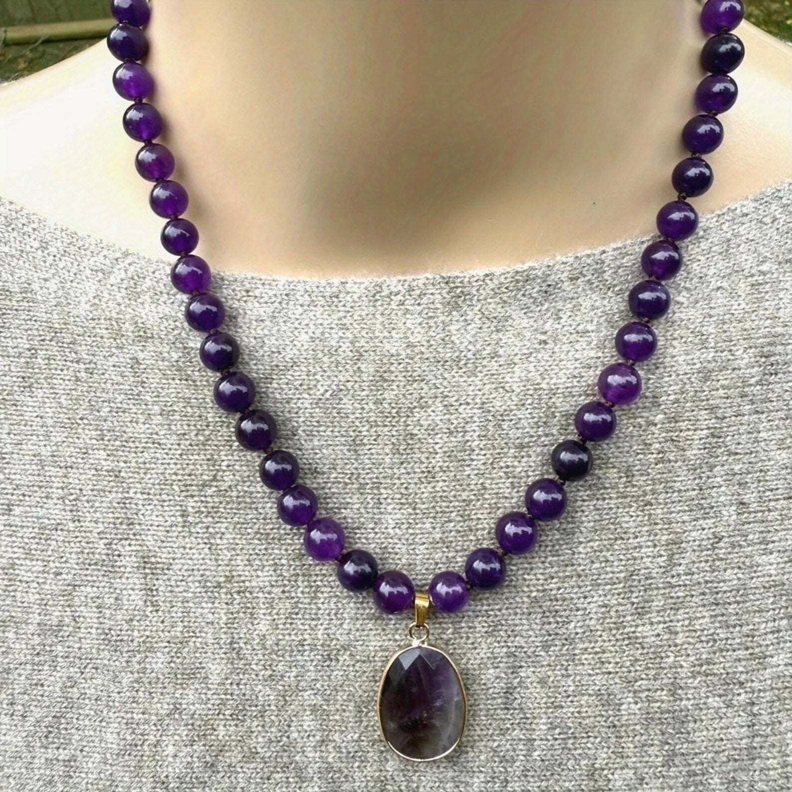 1pc Collier pendentif en améthyste naturel avec perles rondes - Style vintage bohème, bijoux en pierre violette pour femmes, cadeau quotidien idéal, collier bohème chic | Collier de style vintage | Perles en pierre naturelle, bijoux bohème