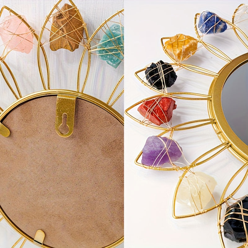 Miroir mural en cristal bohème de 30,48 cm avec pierres naturelles - Grand design rond rayonnant dans les couleurs rose, clair, violet, noir, marron, rouge, blanc, gris et beige - Décoration fermière pour salon, chambre à coucher ou entrée - Cadeau élégan