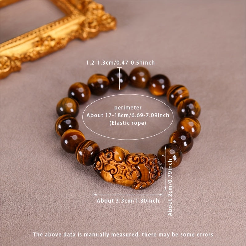1pc Bracelet Femme en Pierre Œil de Tigre - Effet Marbré Naturel Brun & Doré, Design Élastique avec Perle Tête d'Lion et Pierres Oeil-de-Tigre (12-13mm) - Boîte Cadeau Bijou Elégant Incluse pour Quotidien ou Anniversaire/Célébration Tonaux : Noir/Brun Dor