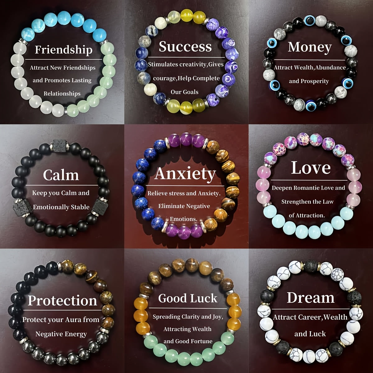Un ensemble de 9 bracelets de cristal magique, symbolisant la paix, la richesse, la prospérité, l'amitié, la chance, l'amour et la protection - des perles de cristal qui apportent l'optimisme et la positivité, la confiance et la force, un cadeau parfait u