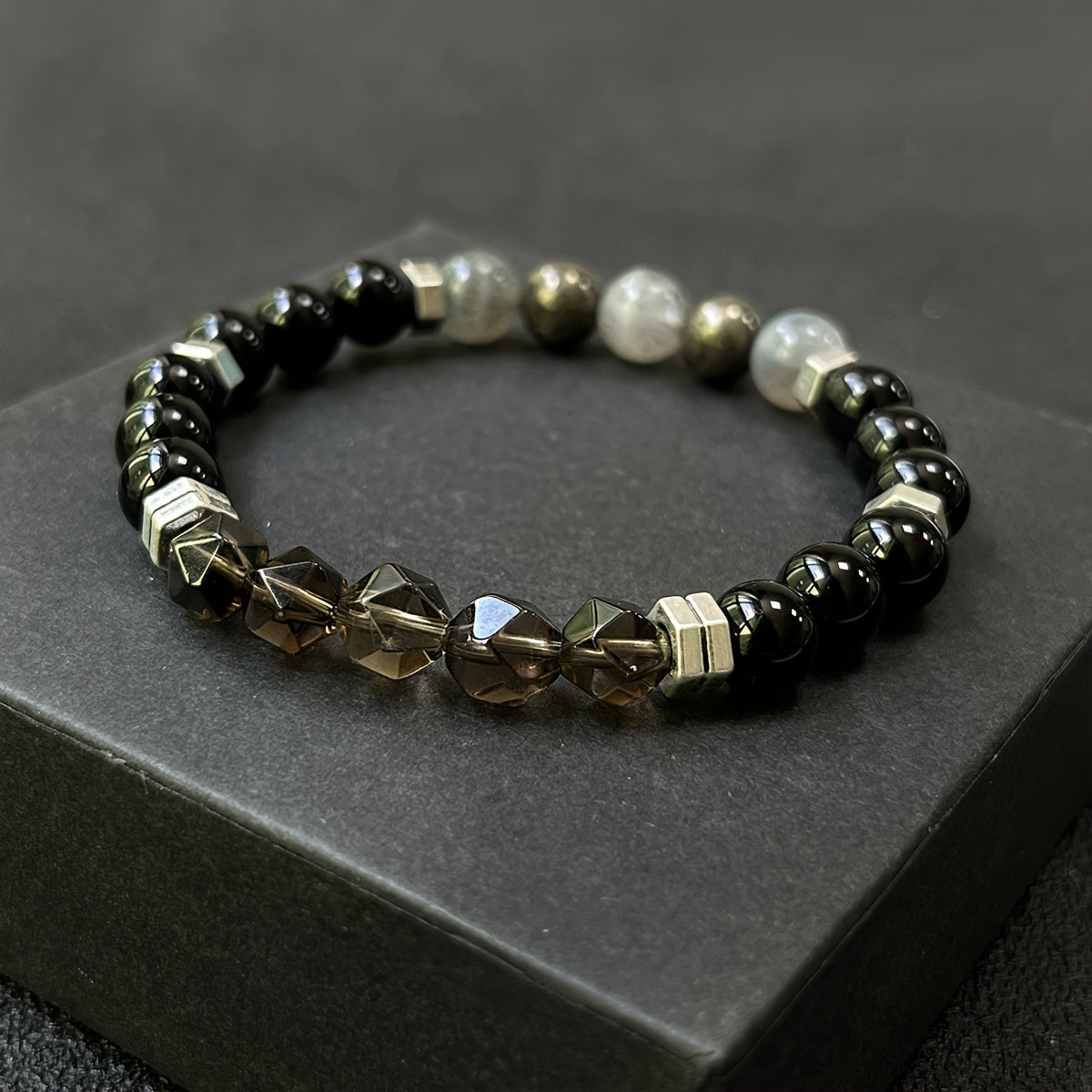 Bracelet de Protection Empathique/Labradorite de haute qualité, pyrite, obsidienne, perles en quartz fumé facettées faites à la main en pierre naturelle - Bijoux en cristal pour force intérieure, courage & confiance Cadeaux de vacances pour famille et amo