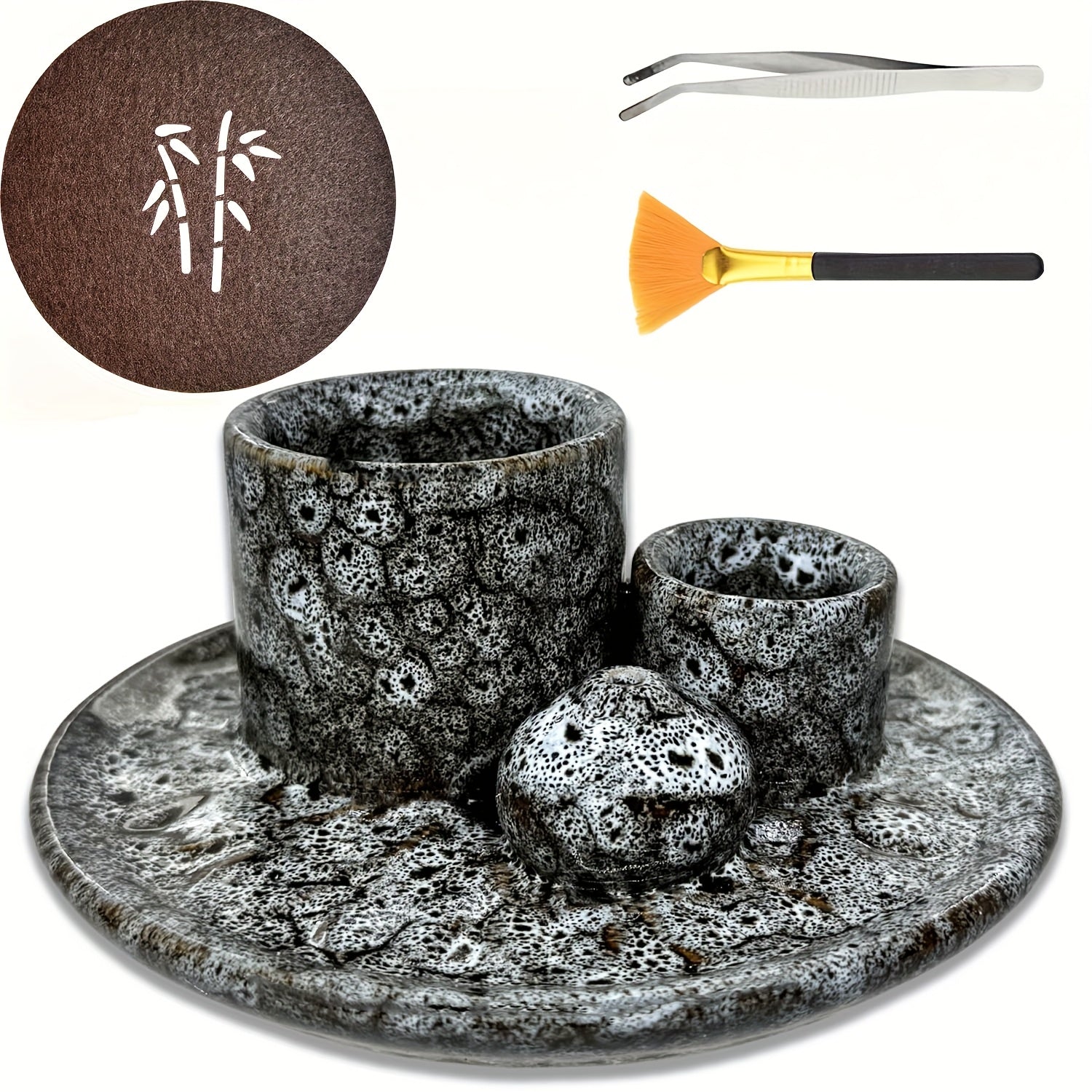 Ensemble de 4 porte-bougies en céramique de qualité supérieure - Brûleur d'encens 4-en-1, porte-bâton parfumé, porte-encens de sauge, plateau de décoration intérieure élégant, comprend 1 brosse de nettoyage, porte-bougies pour la décoration intérieure, po