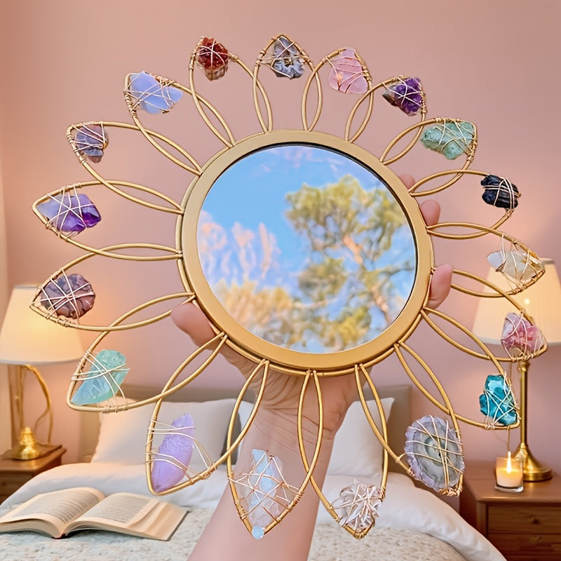 Miroir mural en cristal bohème de 30,48 cm avec pierres naturelles - Grand design rond rayonnant dans les couleurs rose, clair, violet, noir, marron, rouge, blanc, gris et beige - Décoration fermière pour salon, chambre à coucher ou entrée - Cadeau élégan