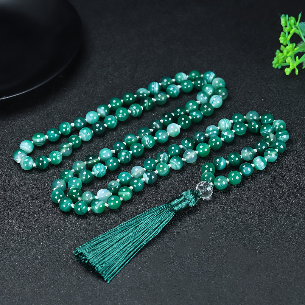 Collier Mala en Agate Naturelle de 108 Perles Noué à la Main avec Pendentif Pompon, Convient pour le Port Quotidien et les Chaînes Pull